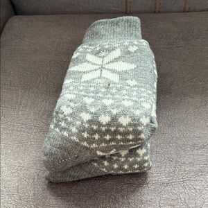 Gray Sherpa lined Socks with White Snowflake and Reindeer Design. B10